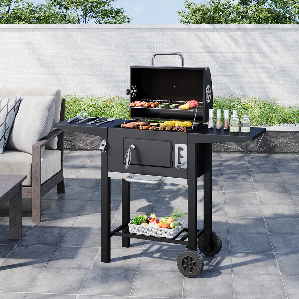 42 inch black charcoal BBQ grill with smoke stack, 109cm x 33cm x 96.5cm – perfect for outdoor grilling and garden parties